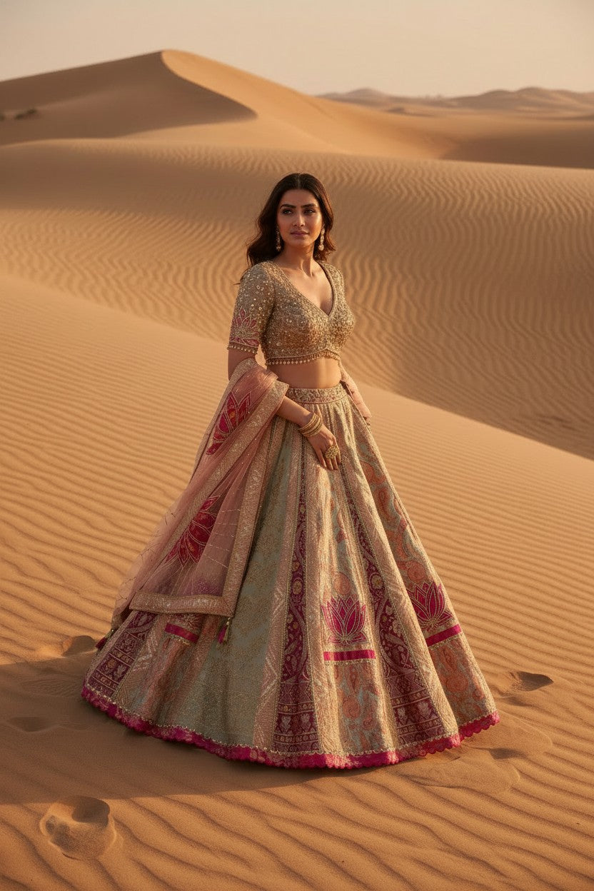 Multi Silk Katan Lehenga Set with Brocade Border for Bridal Wear