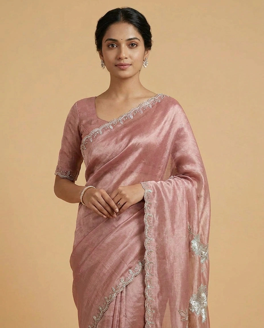 Tissue Saree with Mirror and Cutdana Detailing for Women - Rangoli India