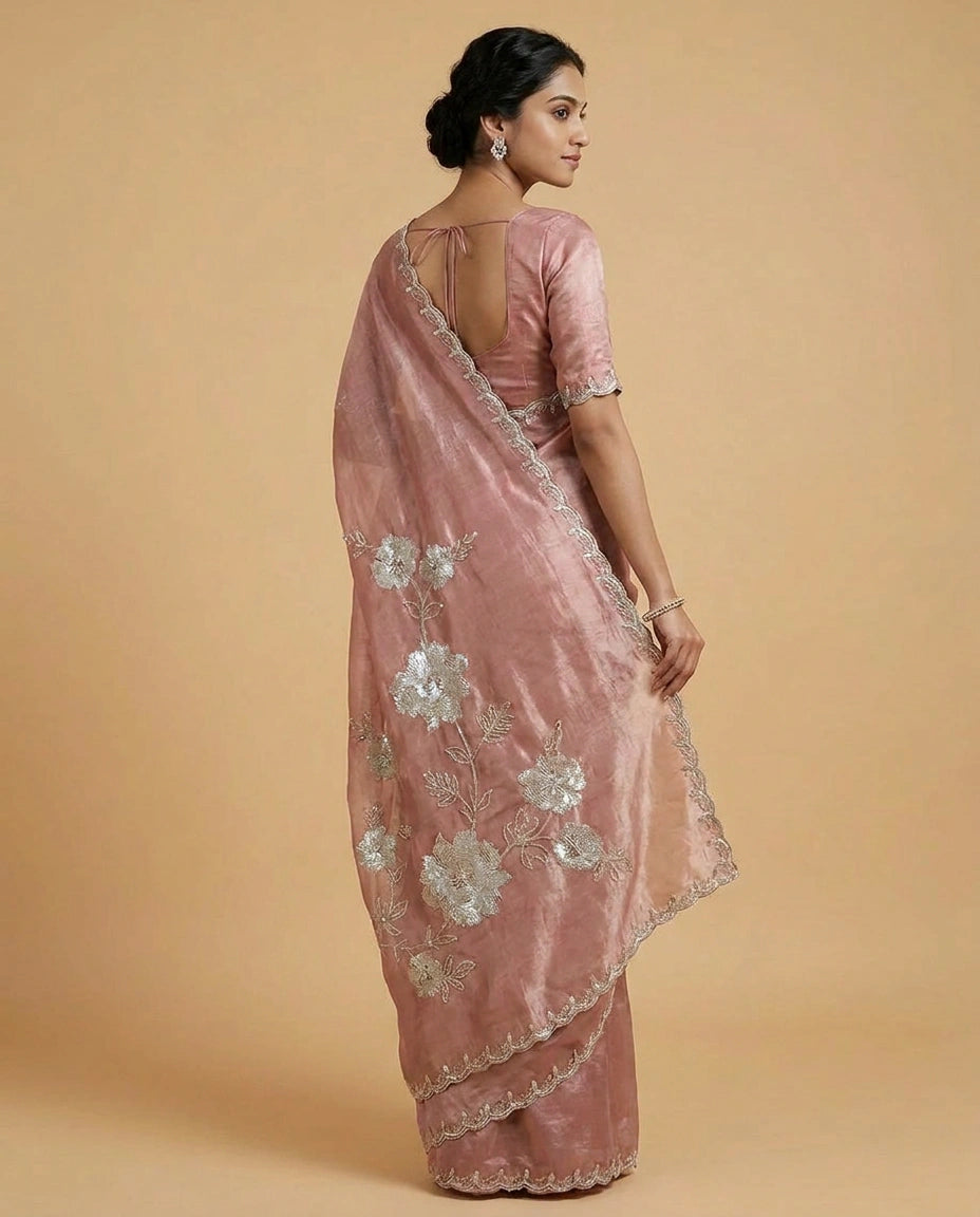 Tissue Saree with Mirror and Cutdana Detailing for Women - Rangoli India