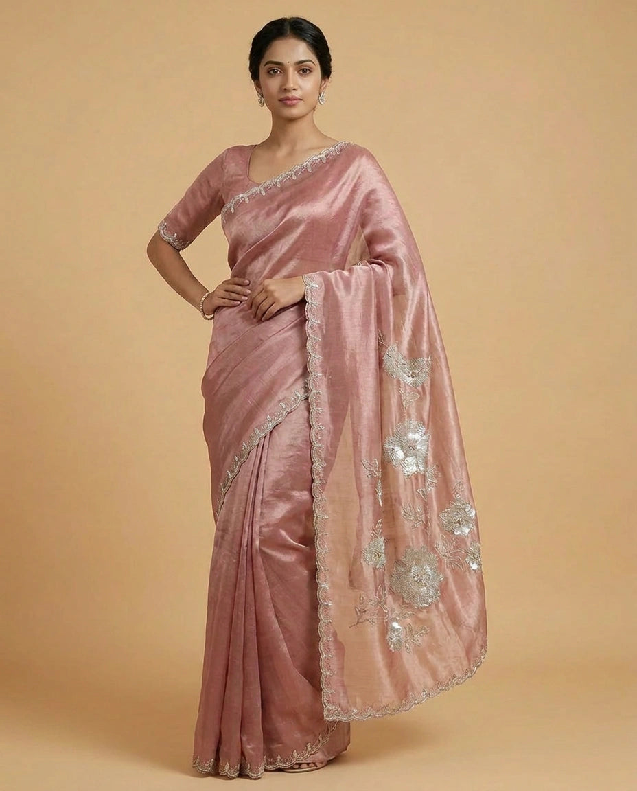 Tissue Saree with Mirror and Cutdana Detailing for Women - Rangoli India