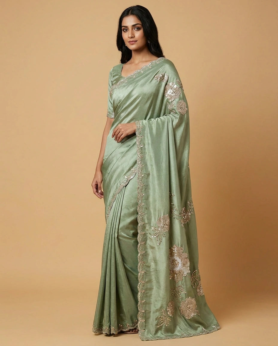 Tissue Saree with Mirror and Cutdana Detailing for Women - Rangoli India