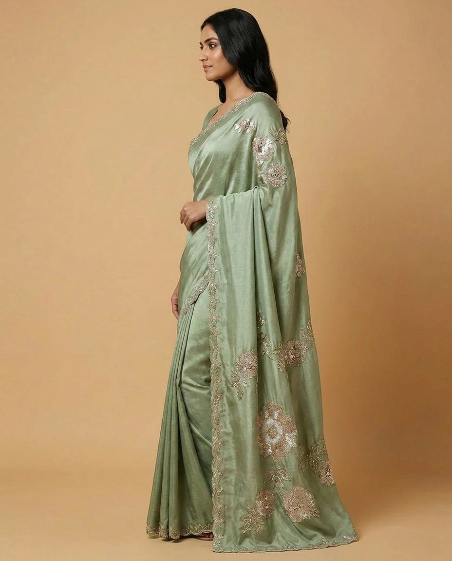 Tissue Saree with Mirror and Cutdana Detailing for Women - Rangoli India