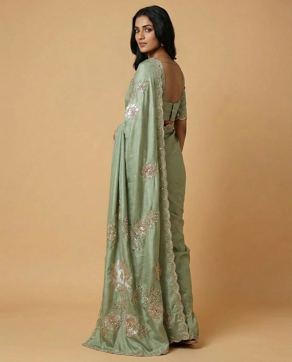 Tissue Saree with Mirror and Cutdana Detailing for Women - Rangoli India
