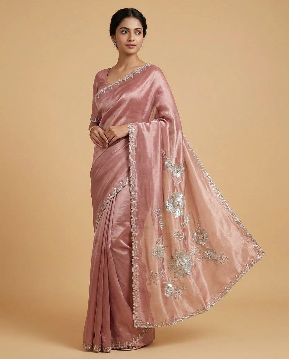 Tissue Saree with Mirror and Cutdana Detailing for Women - Rangoli India