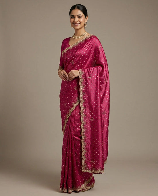 Woman wearing a pink saree with gold border against a beige background