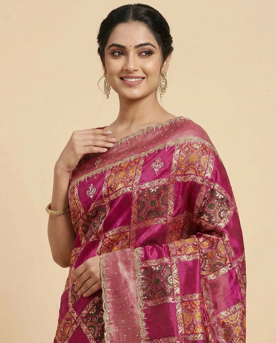 Fuchsia Pink Crepe Silk Embroidered Saree with Sequin Work - Rangoli India