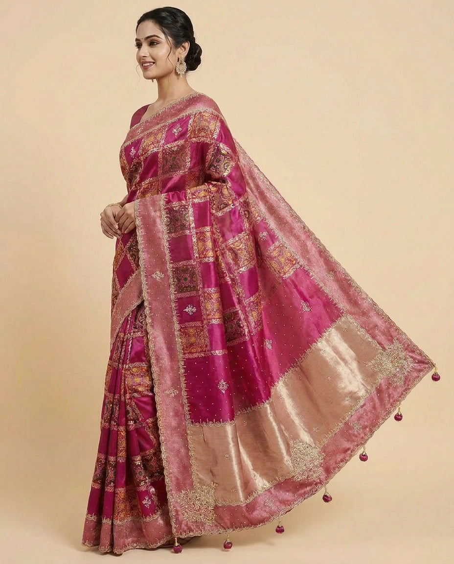 Fuchsia Pink Crepe Silk Embroidered Saree with Sequin Work - Rangoli India