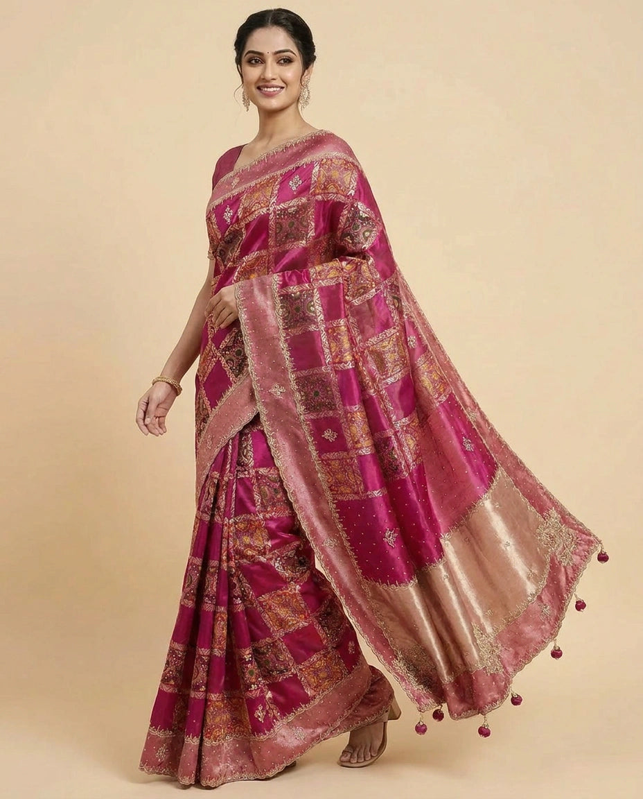 Fuchsia Pink Crepe Silk Embroidered Saree with Sequin Work - Rangoli India