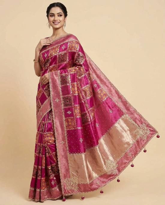 Fuchsia Pink Crepe Silk Embroidered Saree with Sequin Work - Rangoli India