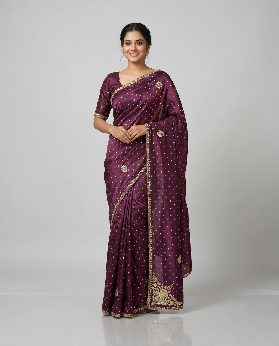 Woman wearing a purple saree with gold patterns on a white background