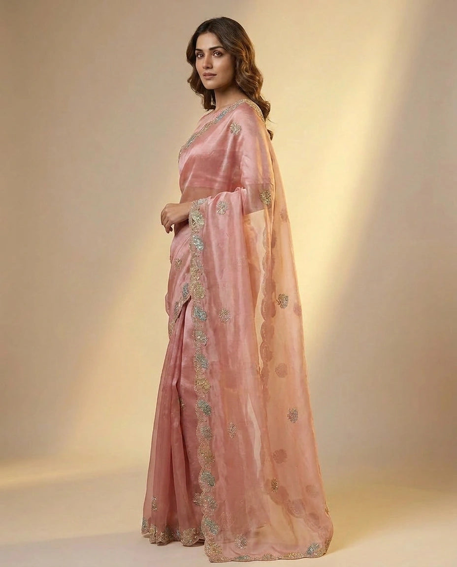 Tissue Saree with Stone and Sequin Work Online India for Women - Rangoli India