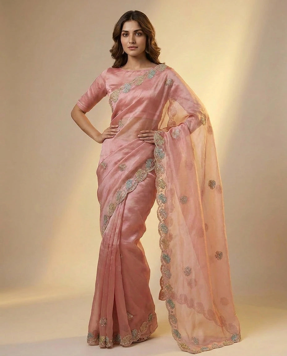 Tissue Saree with Stone and Sequin Work Online India for Women - Rangoli India