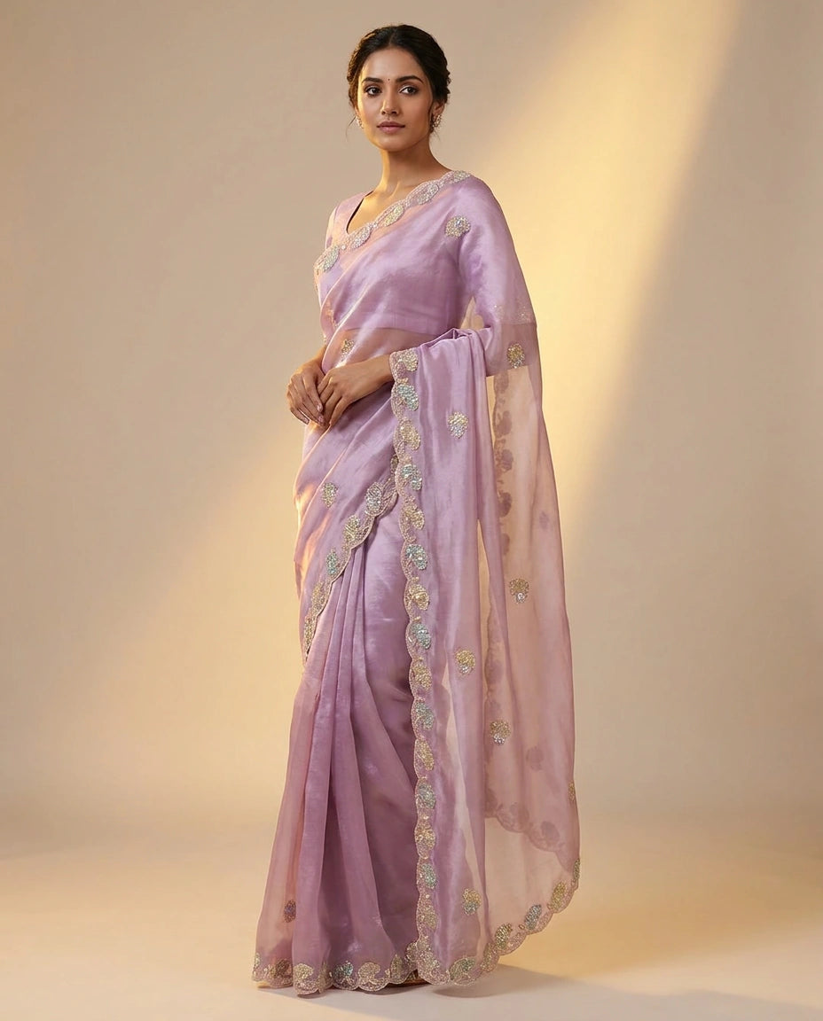 Tissue Saree with Stone and Sequin Work Online India for Women - Rangoli India