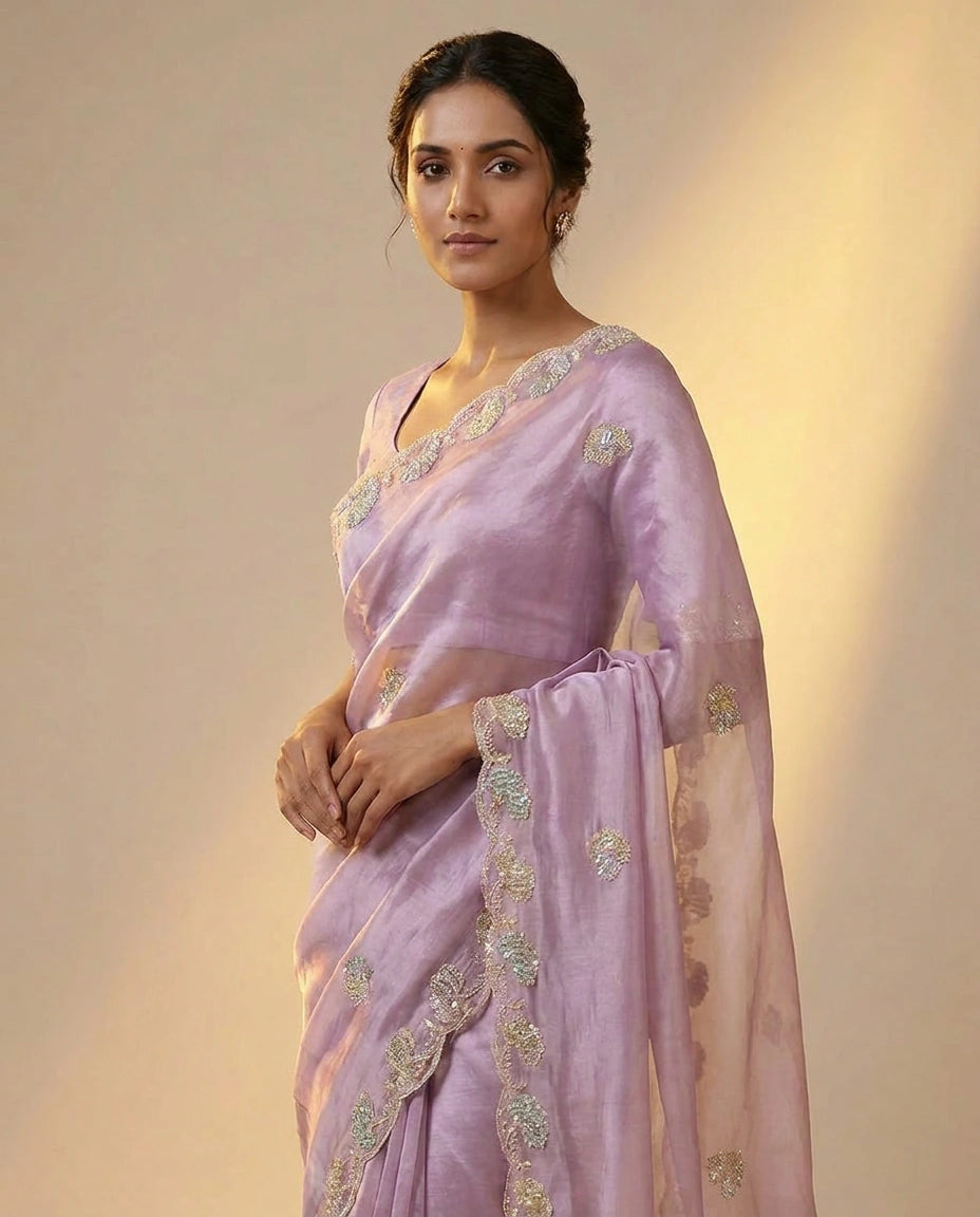 Tissue Saree with Stone and Sequin Work Online India for Women - Rangoli India