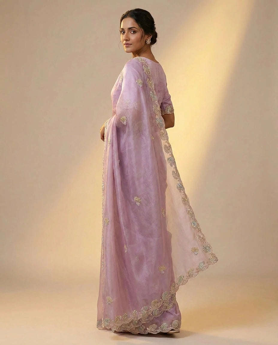 Tissue Saree with Stone and Sequin Work Online India for Women - Rangoli India