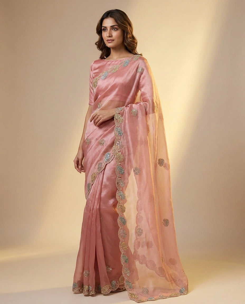 Tissue Saree with Stone and Sequin Work Online India for Women - Rangoli India