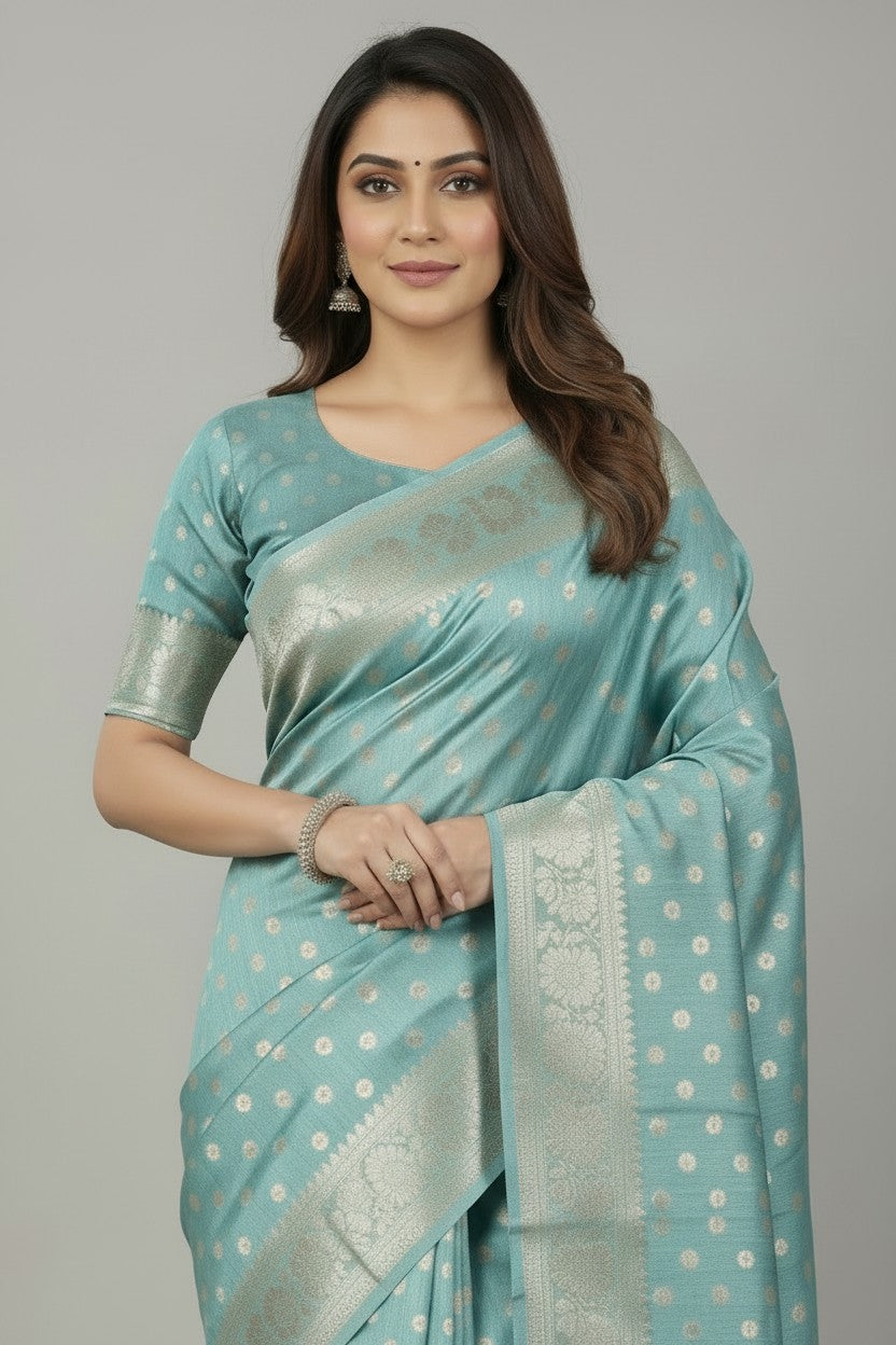 Handcrafted Pure Tussar Silk South Indian Woven Silk Saree - Mehandi | Rangoli
