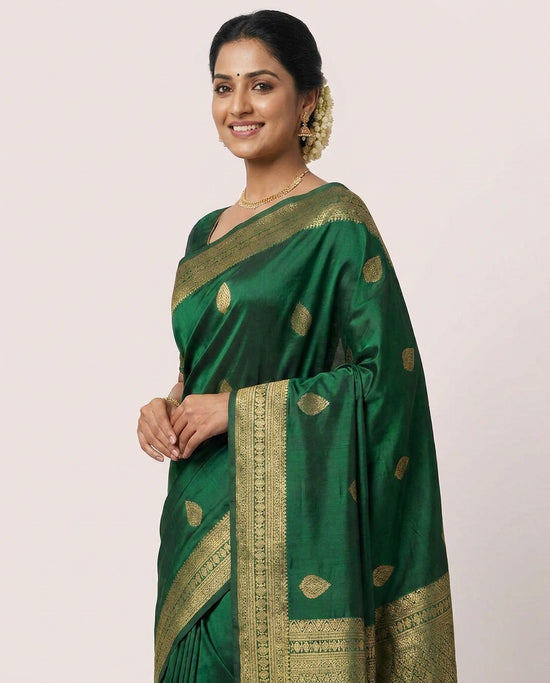 Bottle Green Kanchipuram Saree with Woven Gold Border - Rangoli India