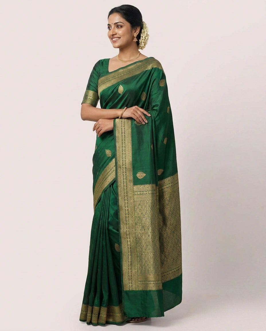 Bottle Green Kanchipuram Saree with Woven Gold Border - Rangoli India