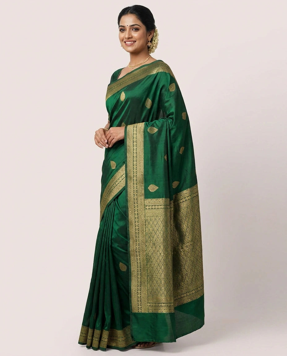 Bottle Green Kanchipuram Saree with Woven Gold Border - Rangoli India