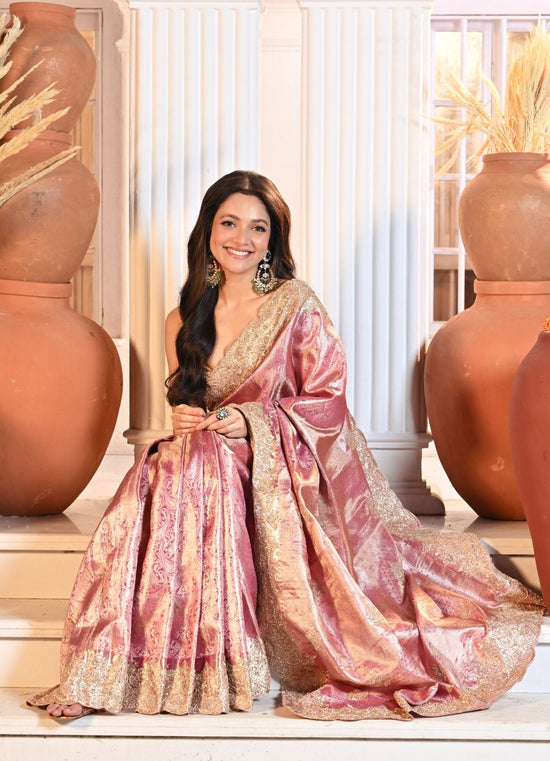 Pink Tissue Embroidered Durga Puja Saree with Striped Pallu