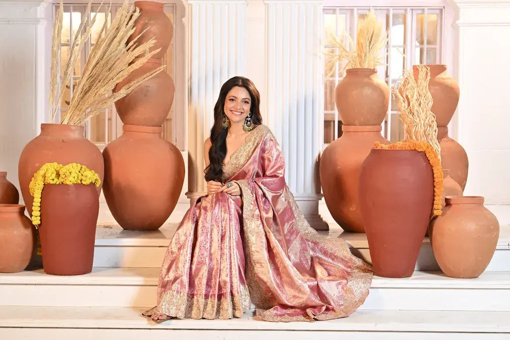 Pink Tissue Embroidered Saree with Striped Pallu - Rangoli India