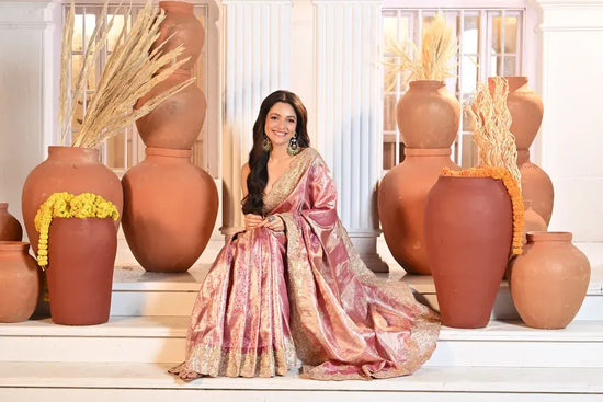 Pink Tissue Embroidered Saree with Striped Pallu - Rangoli India