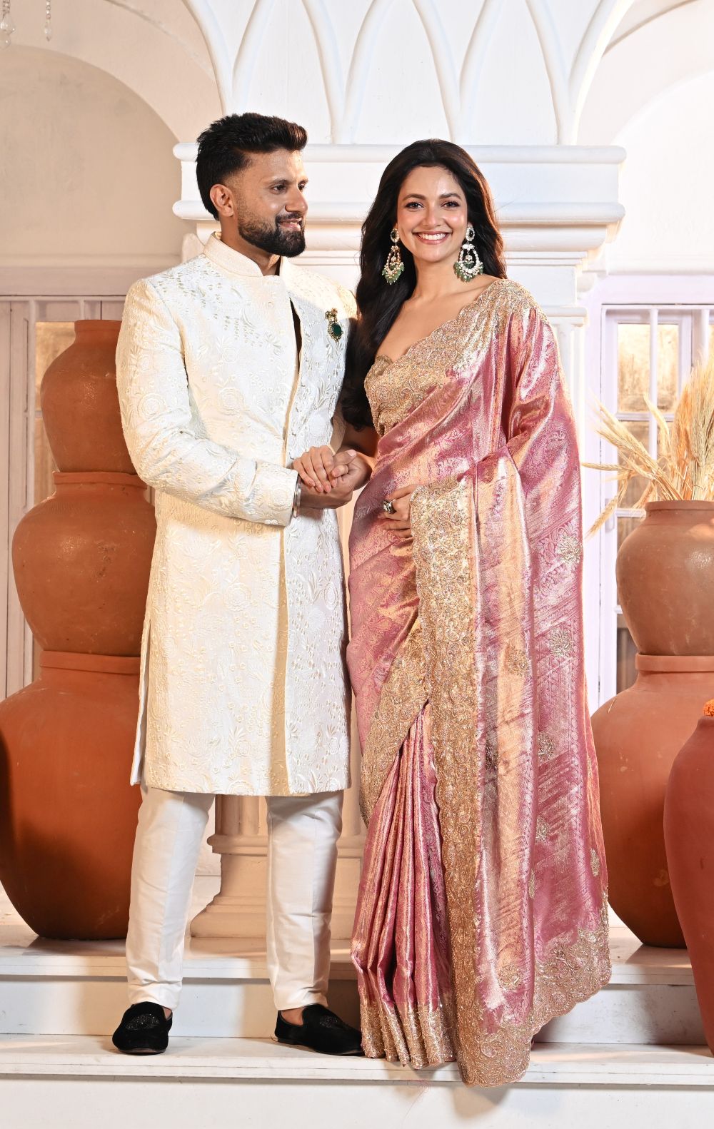 Pink Tissue Embroidered Durga Puja Saree with Striped Pallu — photo 4 of 4