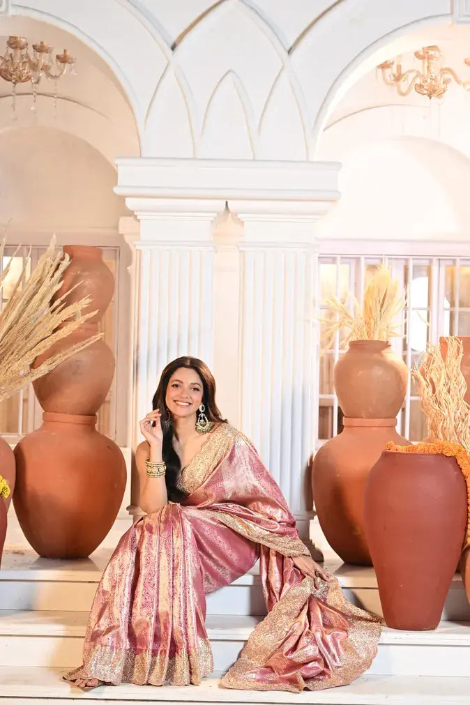 Pink Tissue Embroidered Saree with Striped Pallu - Rangoli India