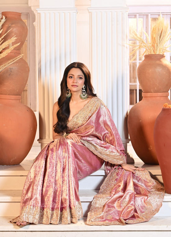 Pink Tissue Embroidered Durga Puja Saree with Striped Pallu