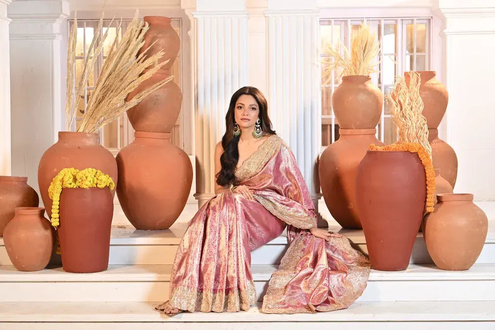 Pink Tissue Embroidered Saree with Striped Pallu - Rangoli India