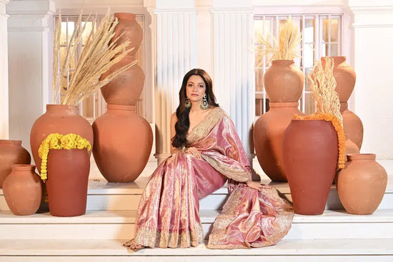 Pink Tissue Embroidered Saree with Striped Pallu - Rangoli India