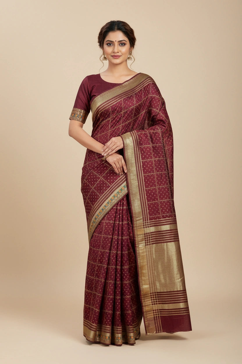 Handcrafted Vichitra Silk Embroidered Saree - Rani | Rangoli
