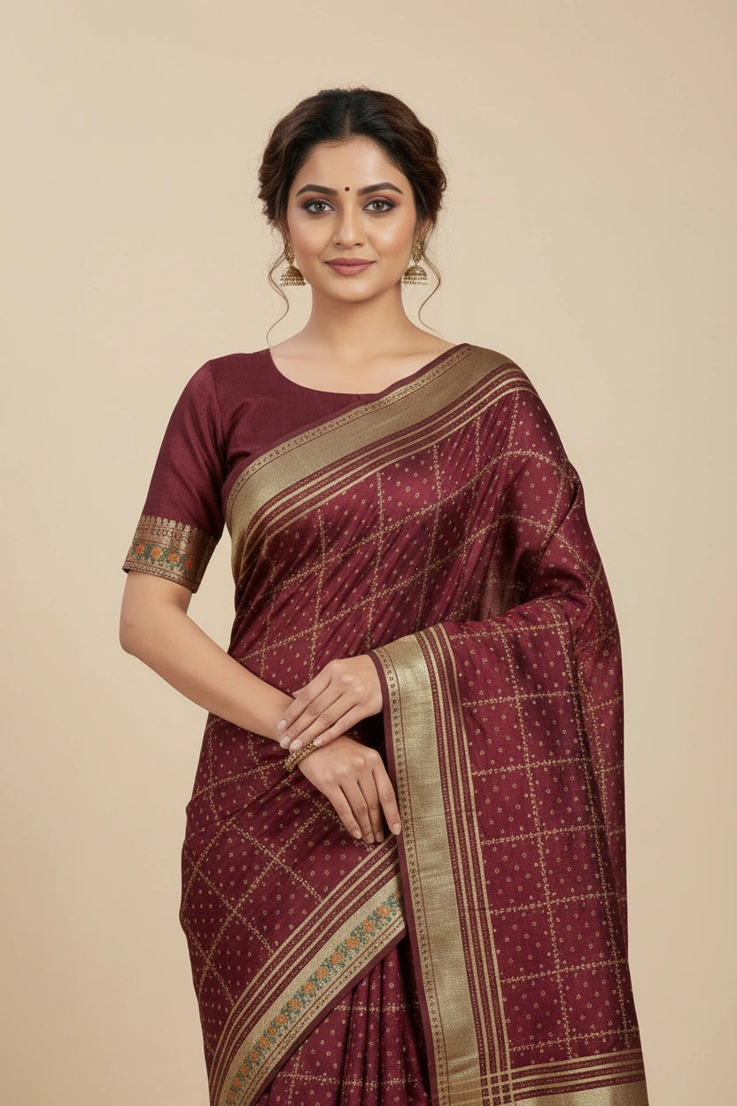 Handcrafted Vichitra Silk Embroidered Saree - Magenta | Rangoli