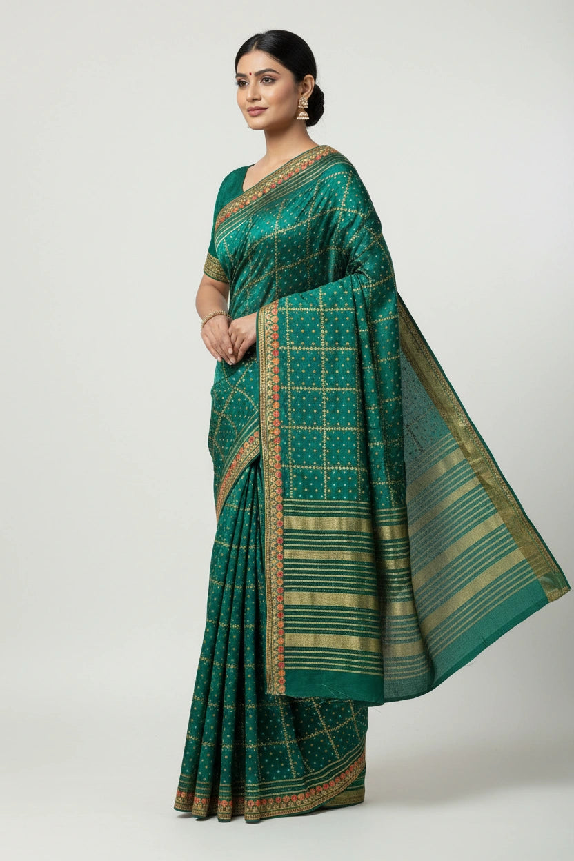 Handcrafted Vichitra Silk Embroidered Saree - Peacock Blue | Rangoli
