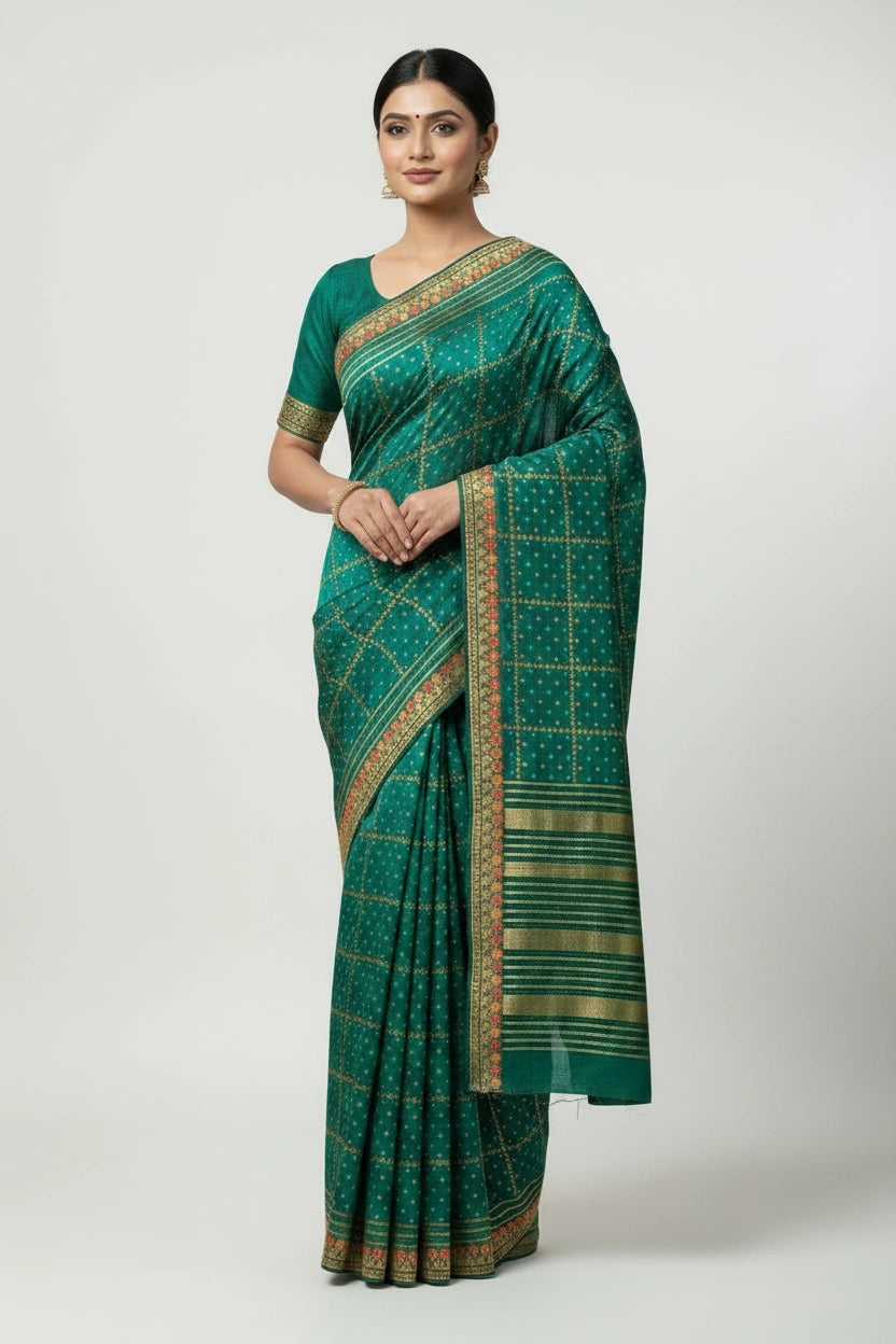 Handcrafted Vichitra Silk Embroidered Saree | Rangoli