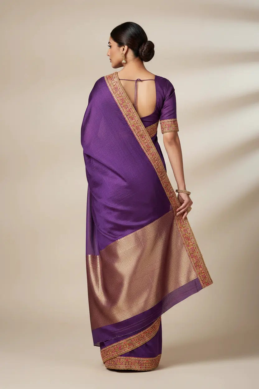 Woman wearing a purple saree with a gold border on a beige background