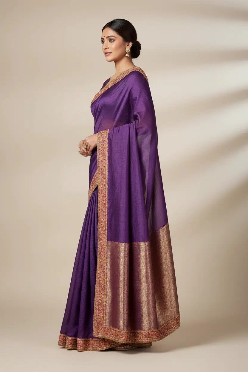 Woman wearing a purple saree with a gold border on a beige background