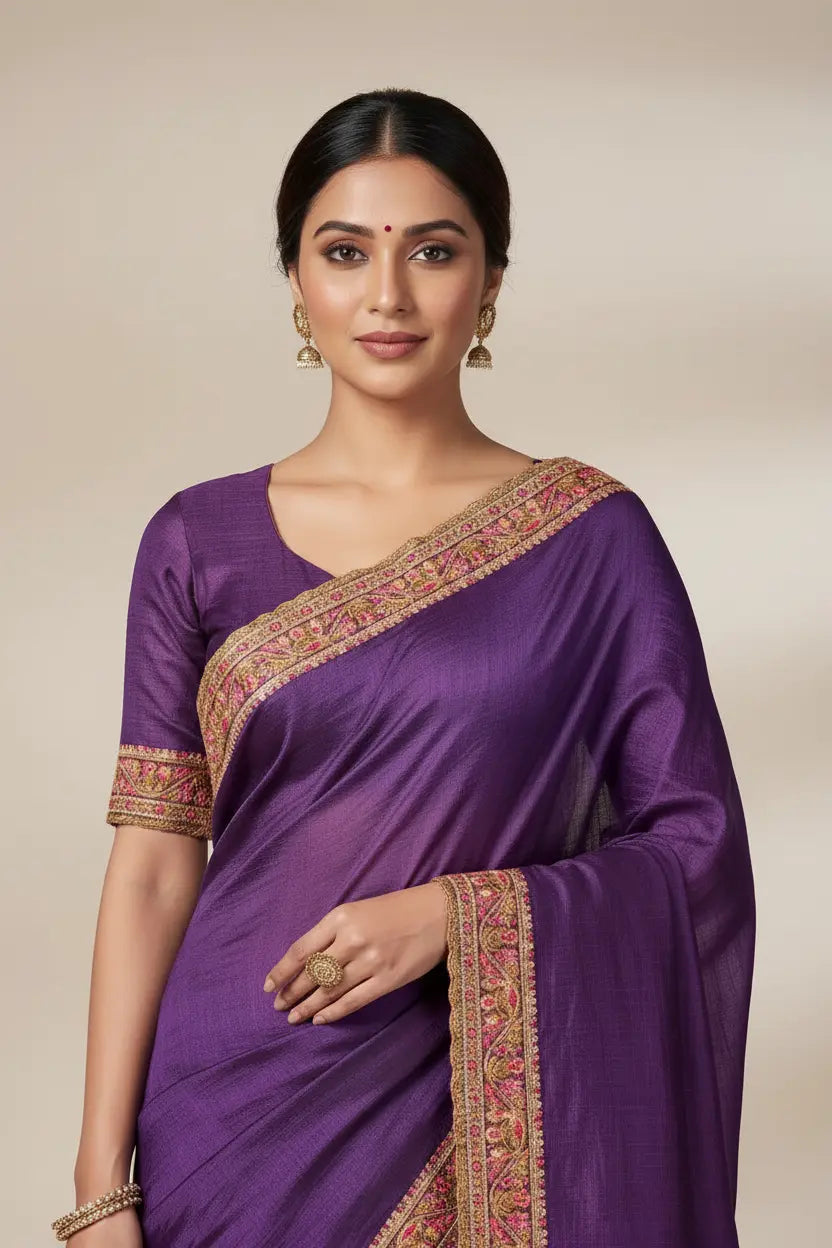 Woman wearing a purple saree with gold border on a beige background