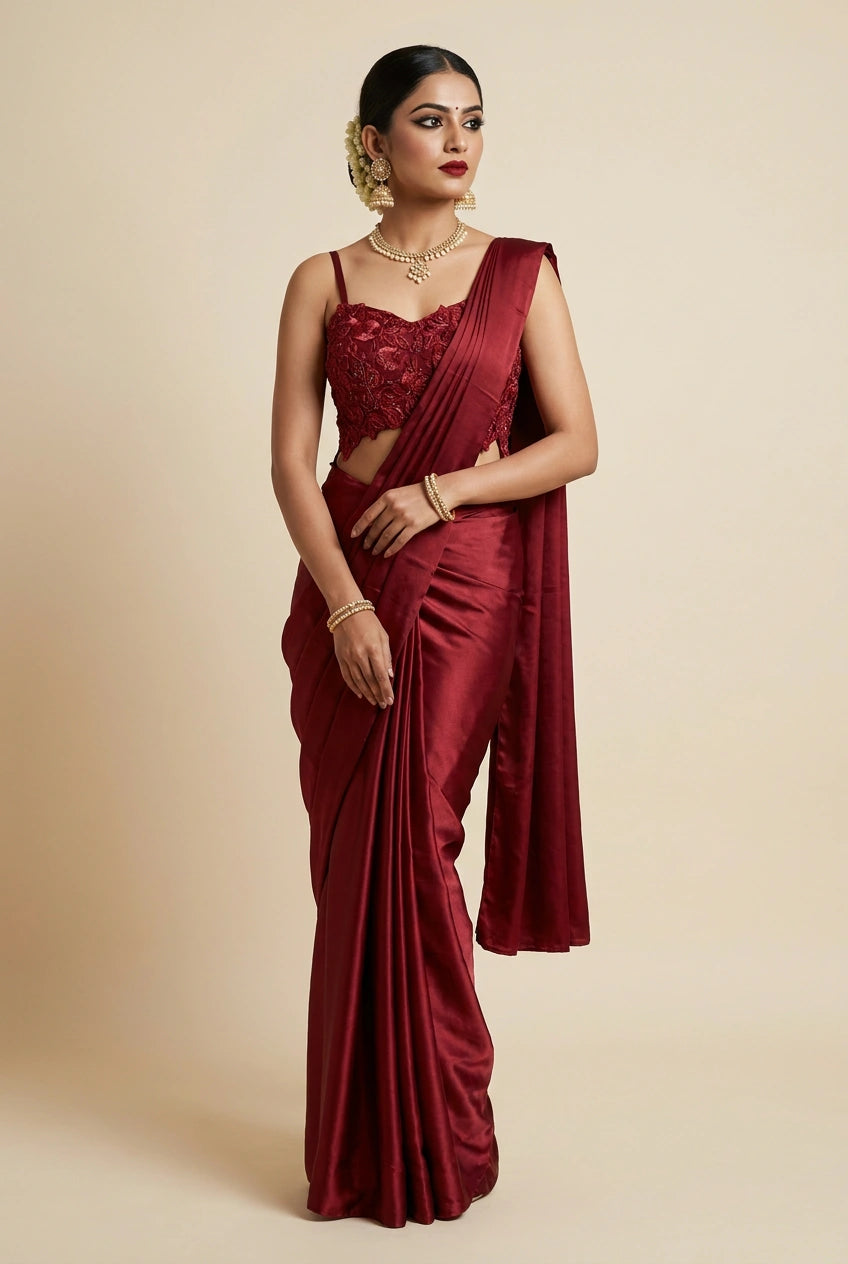 Red Crepe Silk Drape Saree with Concept Drape for Cocktail Night