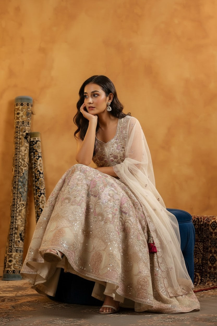 Champagne Off White Designer Embroidered Lehenga
