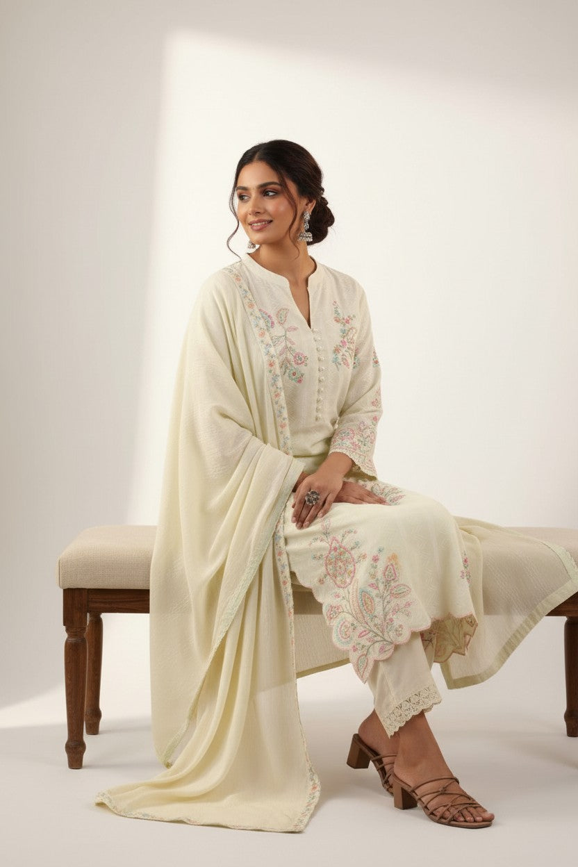 Lemon Embroidered Straight Suit Set