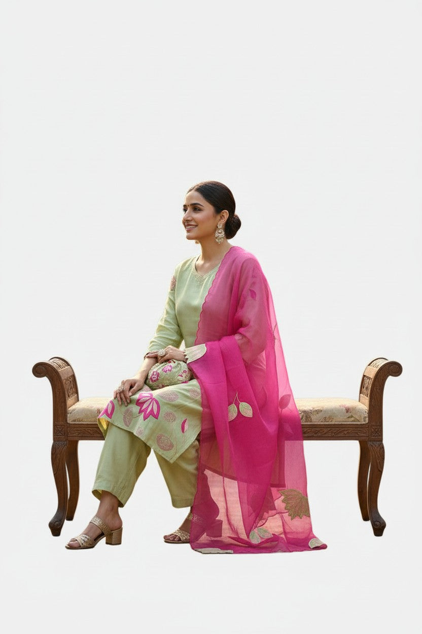 Pastel Green Ethnic Set with Floral Organza Dupatta