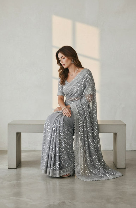 Embellished Net Saree With Designer Blouse - net Indian ethnic wear by Rangoli
