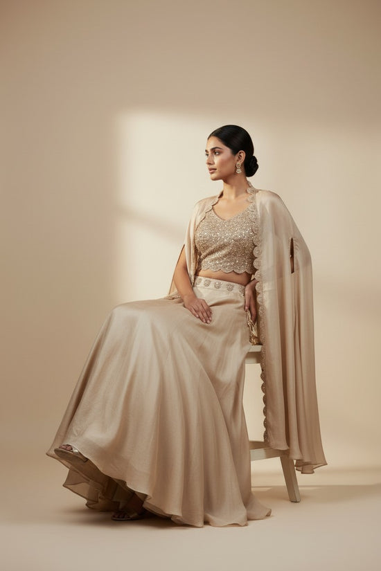 Champagne Gold Embellished Lehenga Croptop - satin; synthetic Indian ethnic wear by Rangoli