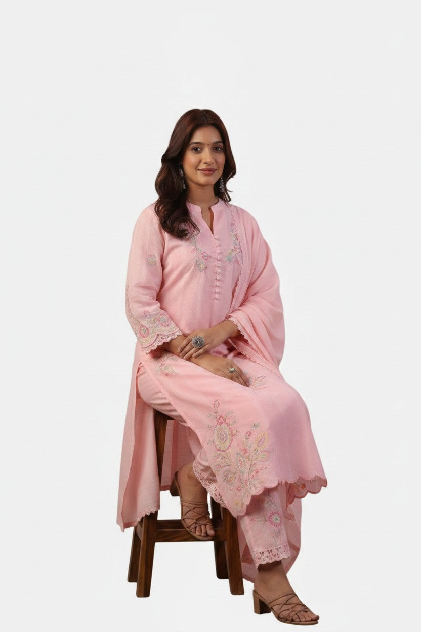 Embroidered Cotton Straight Suit Set