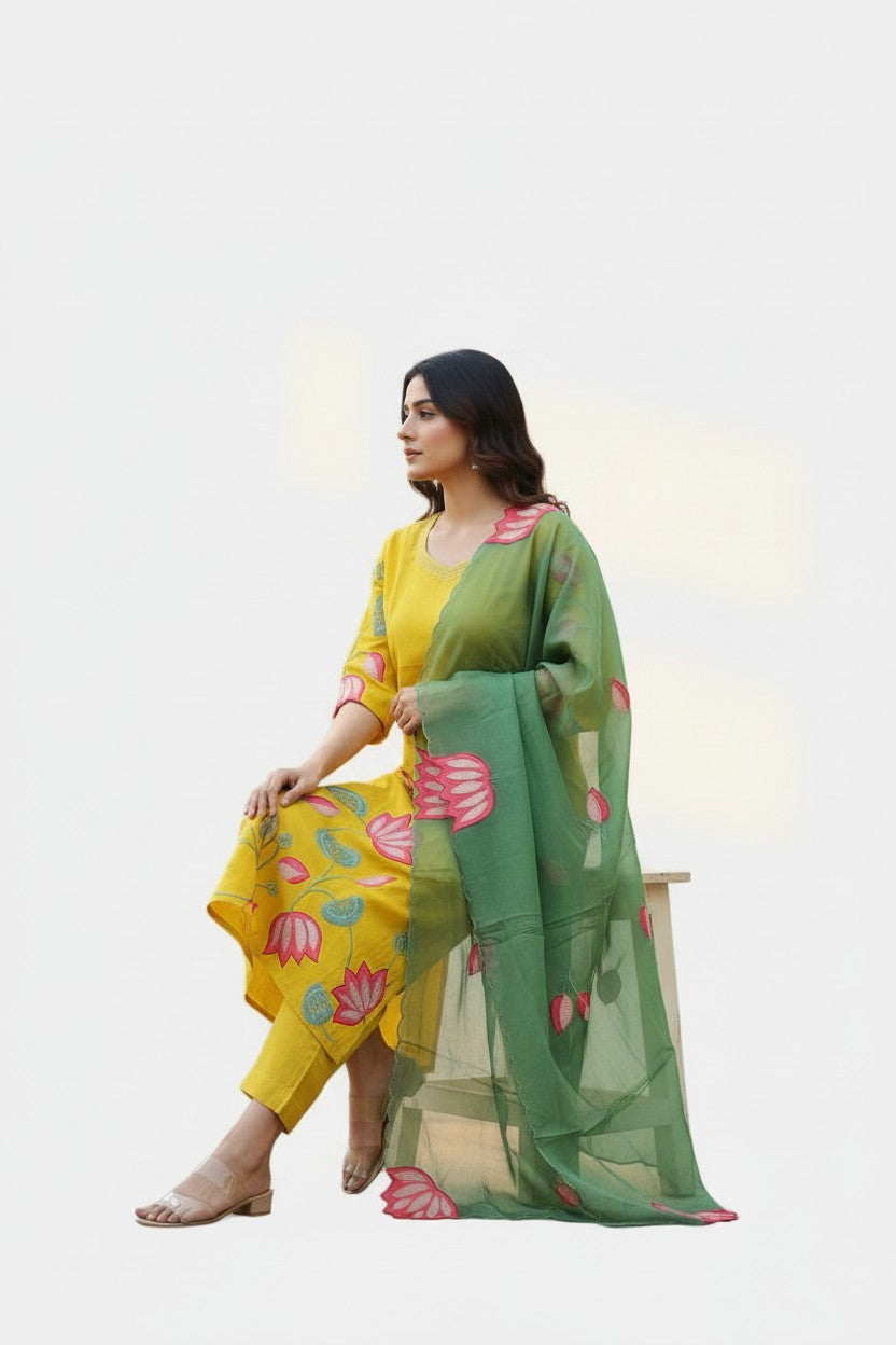 Yellow Ethnic Suit Set with Lotus Print Dupatta