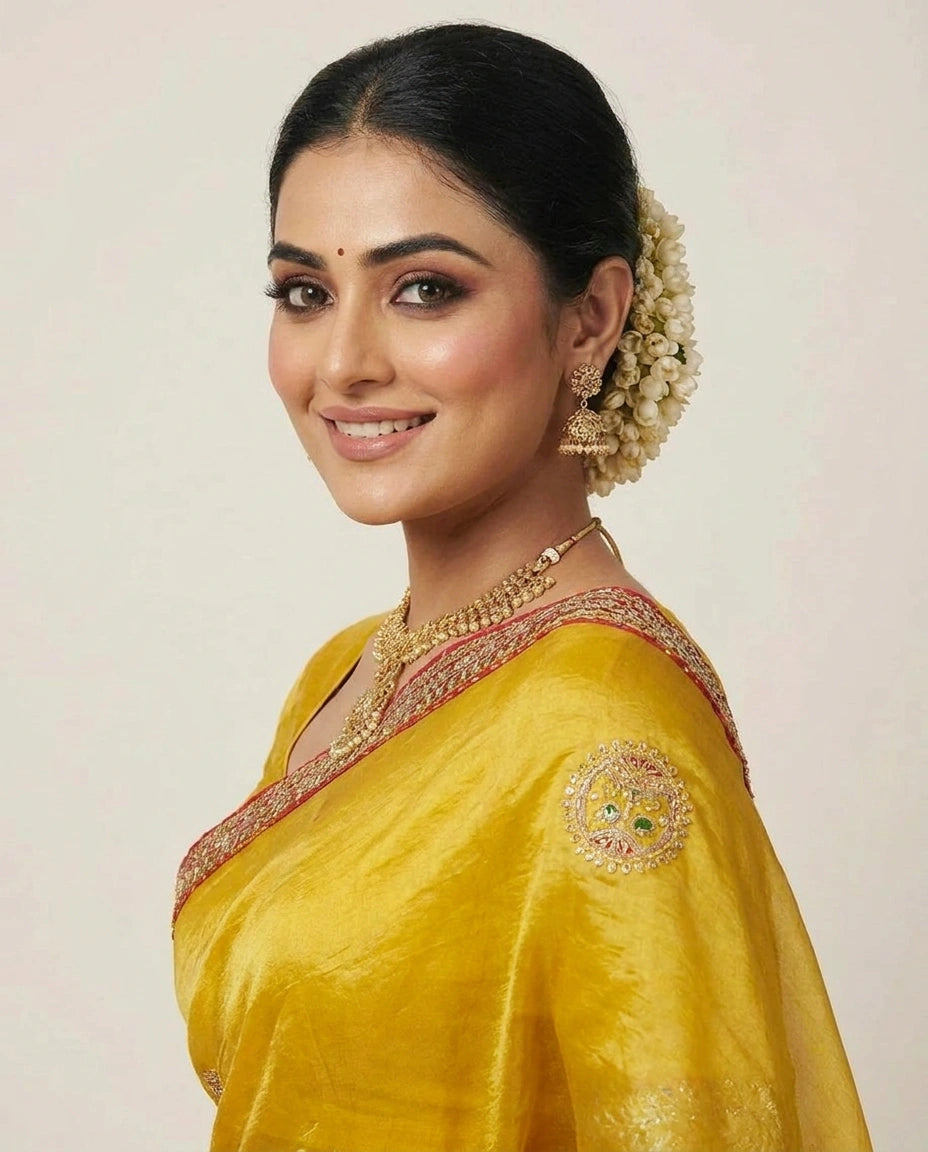 Mustard Fandy Tissue Embroidered Saree with Sequin Detail - Rangoli India