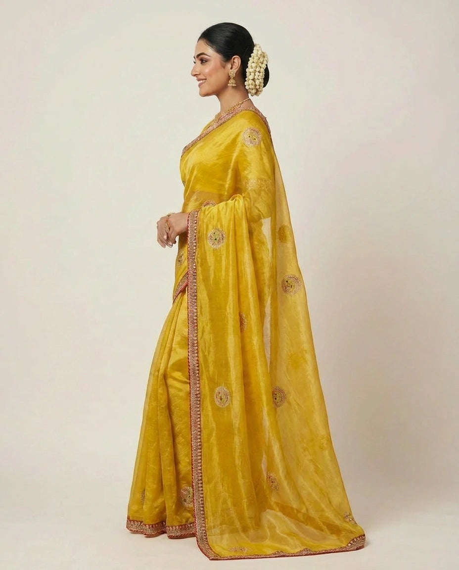 Mustard Fandy Tissue Embroidered Saree with Sequin Detail - Rangoli India