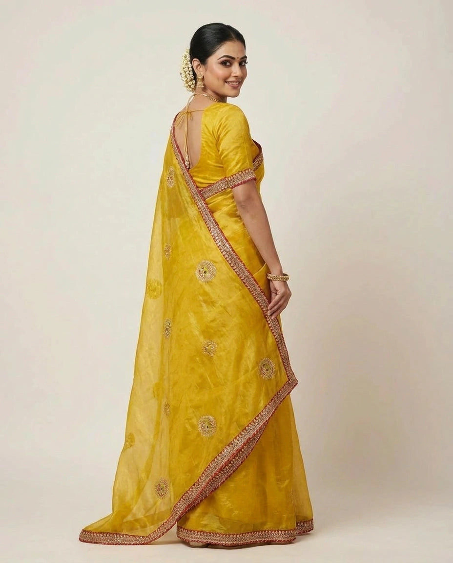 Mustard Fandy Tissue Embroidered Saree with Sequin Detail - Rangoli India